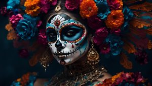 iamge of catrina from dia de los muertos, with a floral crown and a painted face