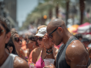 A crowd of people at an outdoor event in bright sunlight, their skin glistening with sweat. A man in the foreground wearing sunglasses and a sleeveless shirt holds a clear plastic cup and adjusts his glasses, while others around him shield their faces and drink cold beverages. Palm trees and colorful vendor tents are visible in the blurred background.