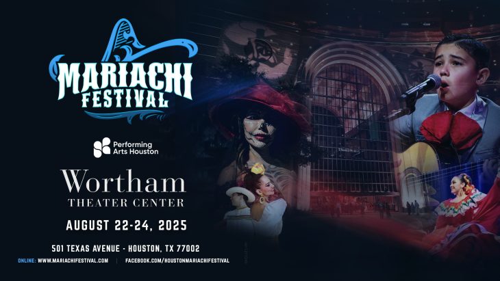 Mariachi Festival 2025 poster featuring vibrant mariachi performers, folkloric dancers, and Day of the Dead imagery, promoting the event at Wortham Theater Center in Houston, Texas, on August 22–24, 2025.