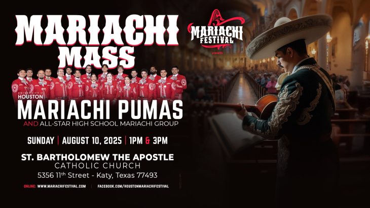Mariachi Mass event poster featuring University of Houston Mariachi Pumas and an All-Star High School Mariachi Group performing on August 10, 2025, at St. Bartholomew the Apostle Catholic Church in Katy, Texas.