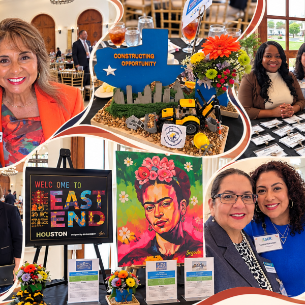 Photo collage from the 2026 SERJobs Constructing Opportunity Luncheon in Houston, featuring Sandra Fernandez with attendees, event volunteers, a construction-themed centerpiece, and silent auction displays.