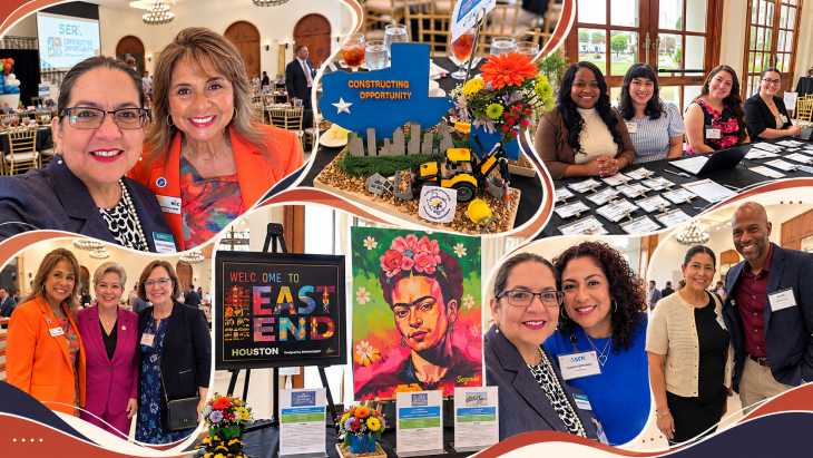 Photo collage from the 2026 SERJobs Constructing Opportunity Luncheon in Houston, featuring Sandra Fernandez with attendees, event volunteers, a construction-themed centerpiece, and silent auction displays.