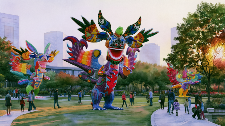 Realistic watercolor illustration of colorful giant alebrije and nahual sculptures displayed throughout Discovery Green in downtown Houston, with families exploring the Mexican public art installation.
