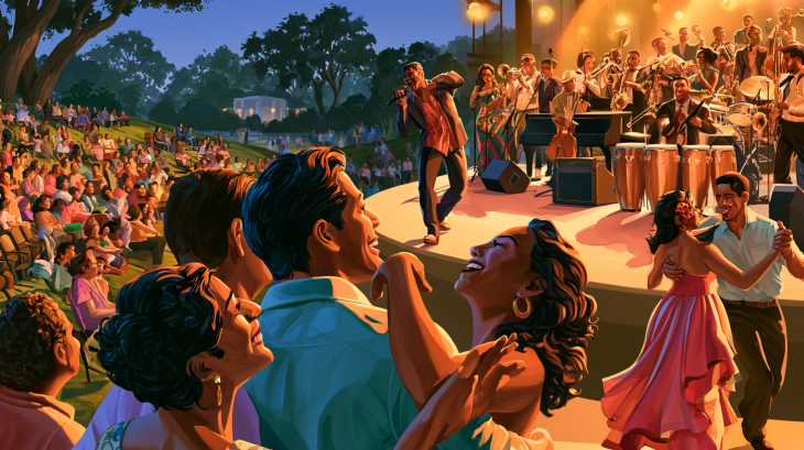 Realistic watercolor illustration of Noche Caliente at Miller Outdoor Theatre in Houston, with a Latin jazz band performing as couples salsa dance and families enjoy the outdoor concert.
