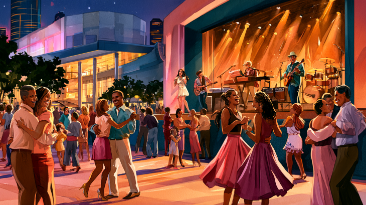 Realistic watercolor illustration of the Hispanic Heritage Month Celebration at Avenida Houston, with a Tejano band performing as couples and families dance in the downtown plaza.