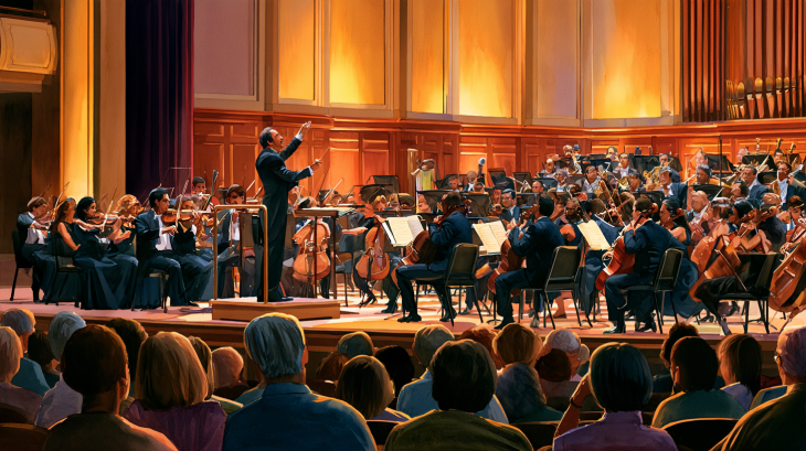 Realistic watercolor illustration of the Houston Symphony performing Fiesta Sinfónica at Jones Hall, with a conductor leading the orchestra before a full audience.