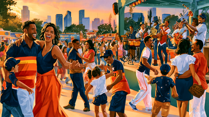 Realistic watercolor illustration of Houston Astros Hispanic Heritage Weekend, with families dancing to live Latin music during the Hispanic Heritage Street Festival in downtown Houston.