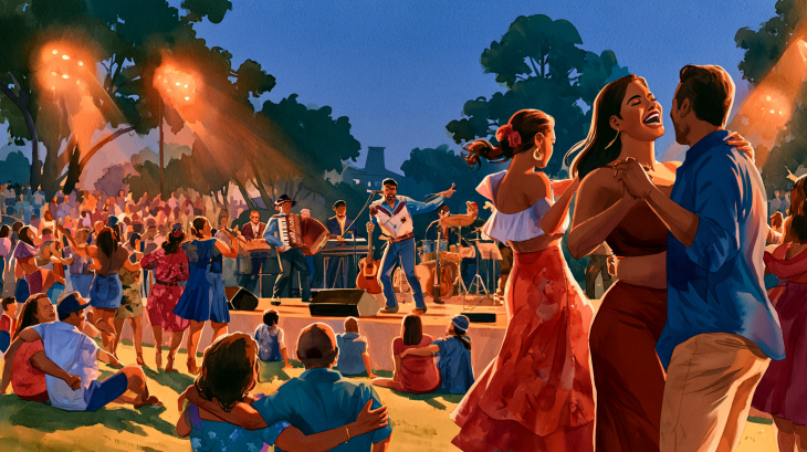 Realistic watercolor illustration of Festival Chicano at Miller Outdoor Theatre in Houston, with Tejano musicians performing as couples dance and families enjoy the outdoor concert.