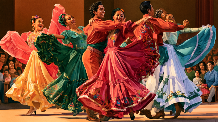 Realistic watercolor illustration of Ballet Folklórico Herencia Mexicana de Houston dancers performing in colorful traditional Mexican costumes during Hispanic Heritage Free Family Night at Children’s Museum Houston.