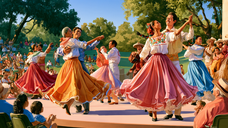 Realistic watercolor illustration of Mixteco Ballet Folklorico performing Essence of Mexico at Miller Outdoor Theatre in Houston, with dancers in colorful traditional costumes and families watching the daytime performance.