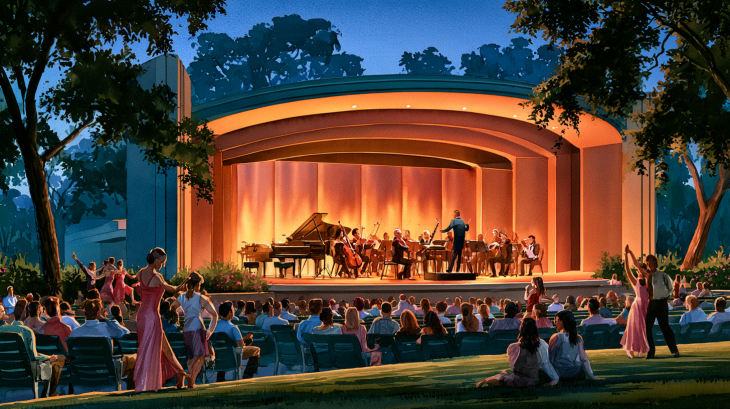 Realistic watercolor illustration of Midnight in Blue at Miller Outdoor Theatre in Houston, with an orchestra performing as couples dance tango and the audience enjoys the concert under the evening sky.