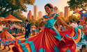 Realistic watercolor illustration celebrating Hispanic Heritage Month in Houston, with folklórico dancers, mariachi musicians, a colorful alebrije and families gathered against the downtown Houston skyline.