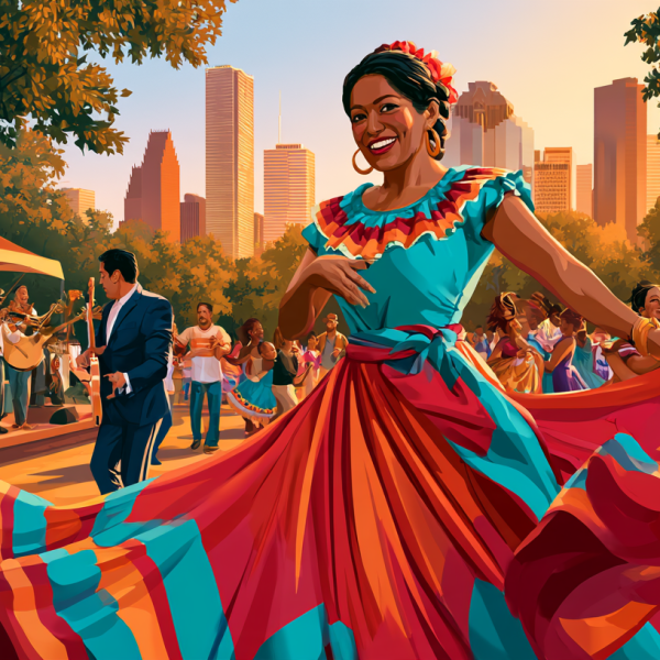 Realistic watercolor illustration celebrating Hispanic Heritage Month in Houston, with folklórico dancers, mariachi musicians, a colorful alebrije and families gathered against the downtown Houston skyline.