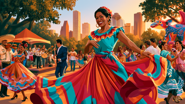 Realistic watercolor illustration celebrating Hispanic Heritage Month in Houston, with folklórico dancers, mariachi musicians, a colorful alebrije and families gathered against the downtown Houston skyline.