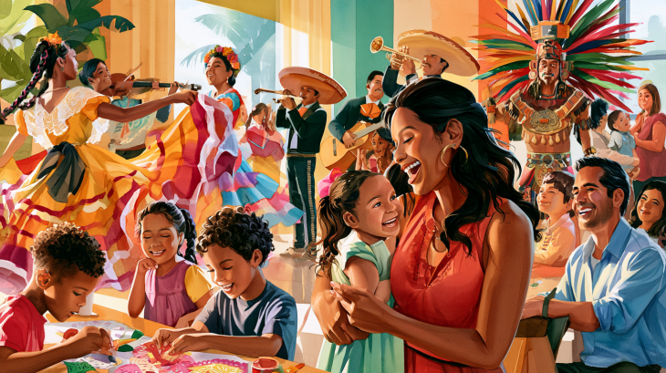 Realistic watercolor illustration of families celebrating Hispanic Heritage Month with children making crafts, folklórico dancers, mariachi musicians, and an Aztec dancer at a colorful cultural event.