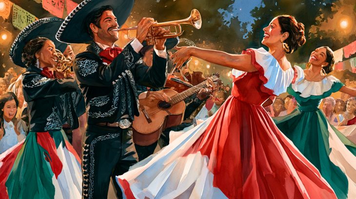 Realistic watercolor illustration of mariachi musicians and folklórico dancers in red, white, and green performing at an outdoor Mexican cultural celebration with papel picado and a festive crowd.