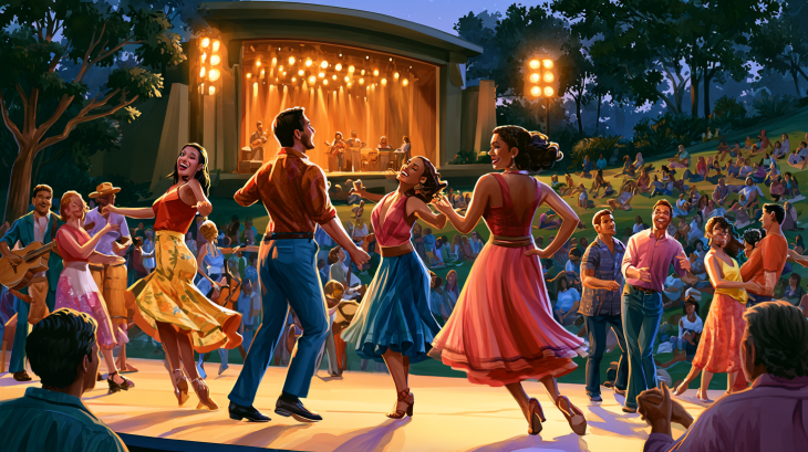 Realistic watercolor illustration of Día de la Hispanidad at Miller Outdoor Theatre in Houston, with Latin dancers performing as families enjoy live music and dancing under the evening lights.