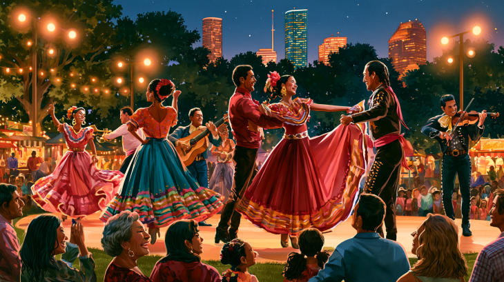 Realistic watercolor illustration of México en el Corazón at Discovery Green, with colorful folklórico dancers, mariachi musicians, families and the downtown Houston skyline at night.