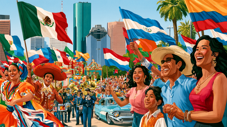 Realistic watercolor illustration of Houston’s Fiestas Patrias International Parade, with families, folklórico dancers, mariachi musicians, a marching band and colorful Latin American flags filling the streets of downtown Houston.