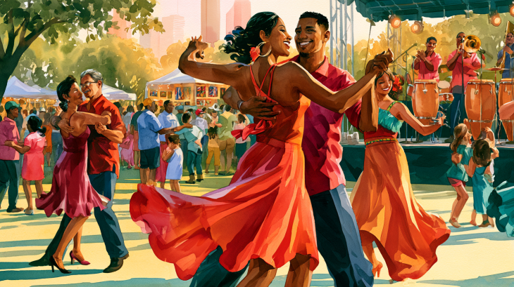 Realistic watercolor illustration of couples salsa dancing at an outdoor Houston festival, with a live Latin band, families, food and art vendors, and the Houston skyline in the background.