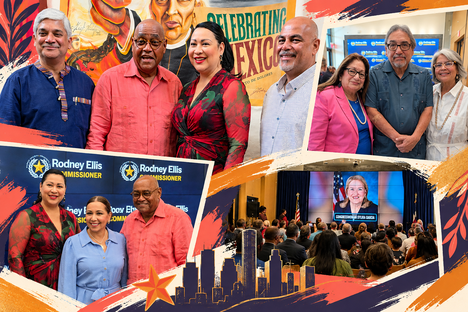 Colorful collage from Houston’s Nuestra Historia, Nuestro Futuro Hispanic Heritage Month celebration, featuring community leaders, honorees, Harris County Precinct One Commissioner Rodney Ellis, and a crowd watching a tribute to Congresswoman Sylvia Garcia.