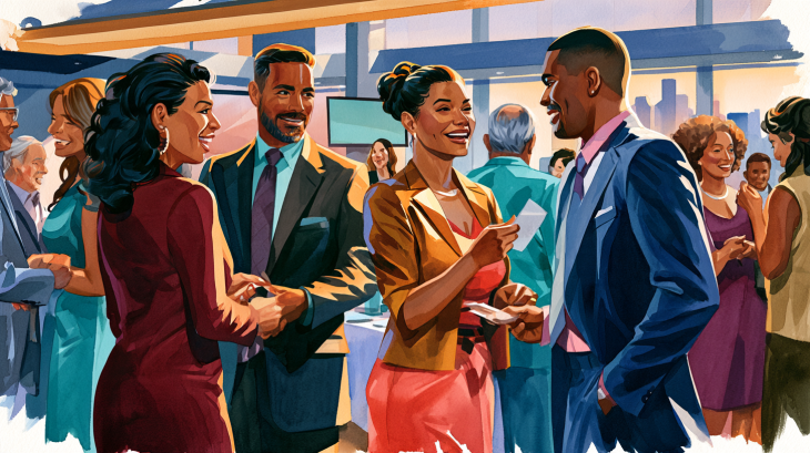 Watercolor illustration of Hispanic entrepreneurs and business professionals networking in business attire at a professional Houston event.