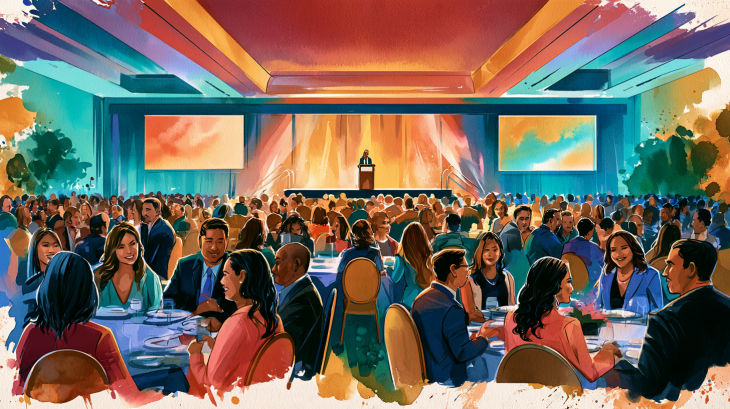 Vibrant watercolor illustration of Hispanic business professionals networking and having lunch in a large Houston ballroom, with a speaker at a podium on stage.